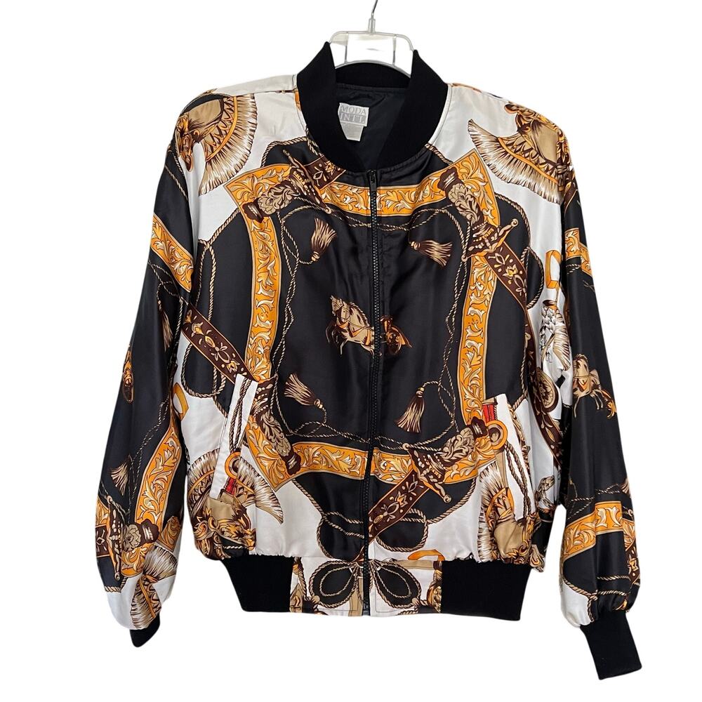 Vintage 80s Moda Int’l Black/Gold/White Equestrian Bomber Jacket Size Large